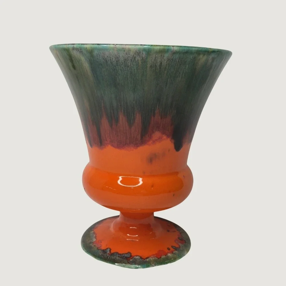 Lane & Co Pottery Vase 1961 MCM Orange Green Drip Glaze Psychedelic Vintage 7.5